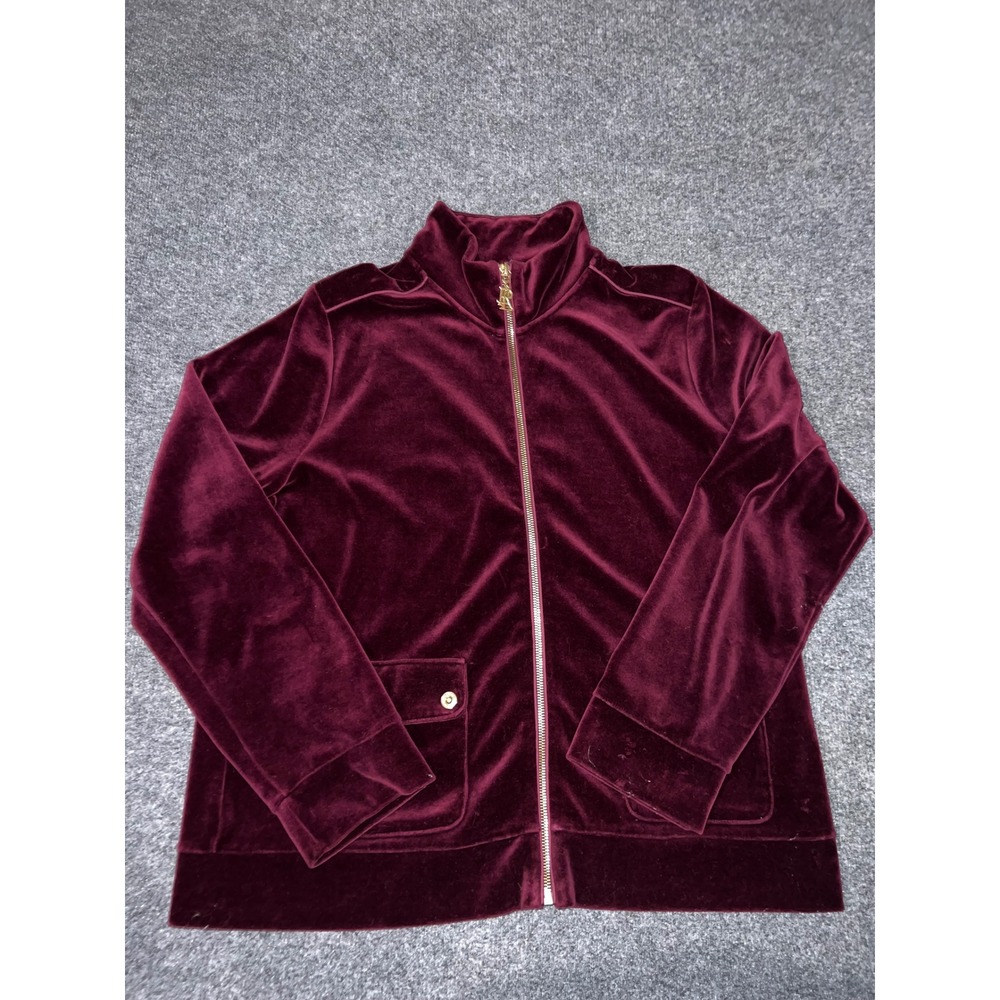 Vintage Ralph Lauren Velour Zip Up Jacket XL Burgundy Red Retro Y2K 90s Cotton